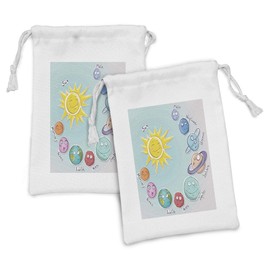 Ambesonne Space Fabric Pouch Set of 2, Cartoon Sun Planets of Solar System Fun Celestial Chart Theme, Small Drawstring Bag for Toiletries Masks and Favors, 9" x 6", Multicolor
