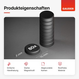 GAUDER Magnets for Magnetic Board (15 mm x 5 mm) | 80 x Strong Magnets for Whiteboard, Pin Board & Fridge | Magnets Black
