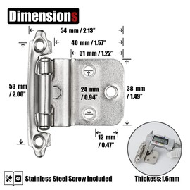 JQK 3/8 Inch Inset Cabinet Door Hinges Satin Nickel, 4 Pack 2 Pairs Flush Face Mount Cupboard Self-Closing Kitchen Cabinet Hardware Hinges with Door Bumper, CH201-SN-P4