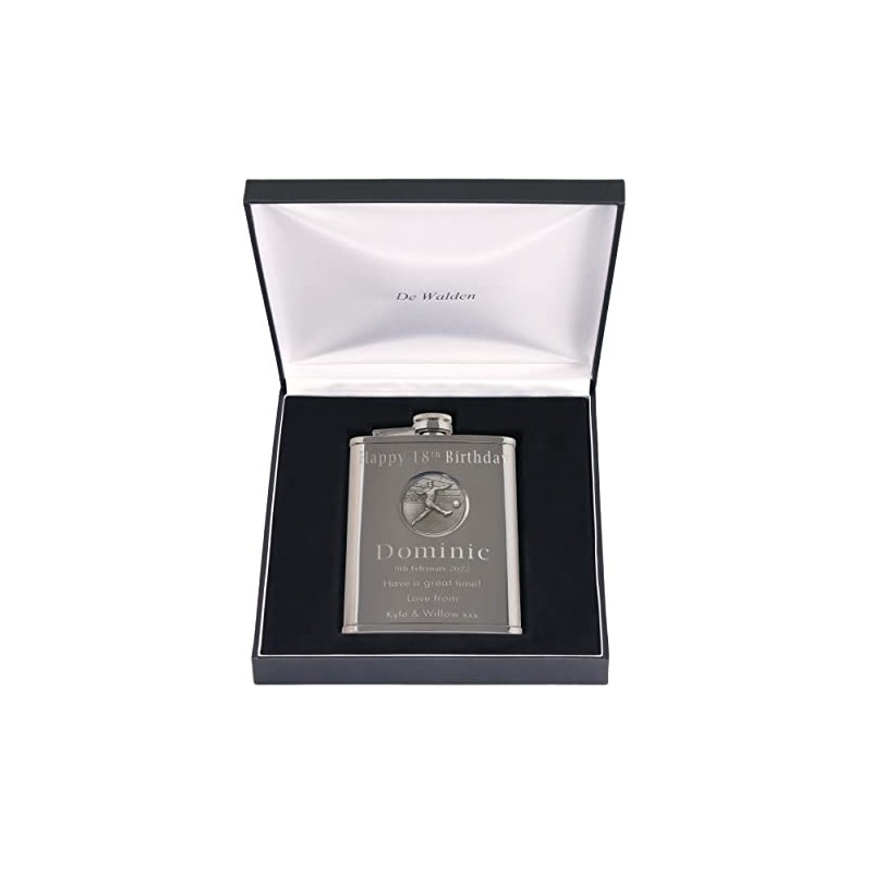 18th Birthday Engraved Hip Flask with Footballer Feature in Gift