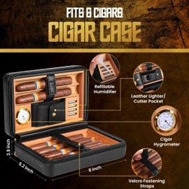 CUBARO Cigar Humidor Case, Leather Cedar Wood Cigar Box with Built in Hygrometer and Humidifier, 3 in 1 Cigar Torch Lighter, V Cut and Punch Cutter, Portable Cigar Travel Humidor Kit for Men (Black)