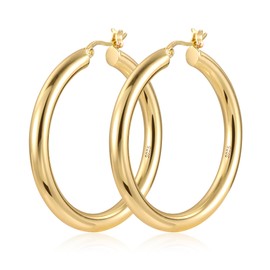 14K Gold Hoop Earrings for Women Trendy 925 Steling Silver Thick Hoop Earrings Lightweight Hollow Tube Hoops Earrings Hypoallergenic Large Earrings 40MM