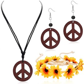 Peace Sign Jewelry Set - Women's Hippie Costume Accessories - 60s 70s Outfits - Peace Sign Necklace & Earrings, Flower Headband