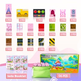 Magnetic Blocks 96 PCS Magnet World Princess Pink Castle World,Toys for 3+ Years Old Girls Boys, Montessori Sensory STEM Preschool Outdoor Toddler Toys, Christmas Birthday Gifts for Kids