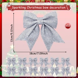 NHYDZSZ Pack of 12 Christmas Bows, 18 x 13 cm Christmas Bows Christmas Bow Ribbon Glitter Bow Christmas Tree Decoration, Christmas Wreath, Christmas Party Decoration, DIY Crafts (Silver)