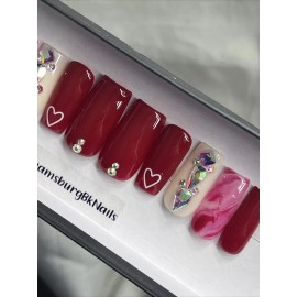 Handmade  CUSTOM Gel Press On Nails, RED HEART W BLING 10p FULL SET W Kit