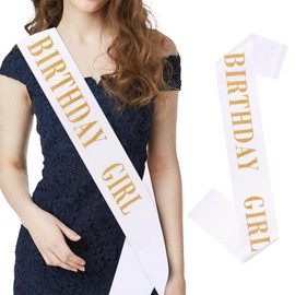 CIEHER 67"L x 3.6"W Sash for Women & Girls - Birthday Girl, Queen Sash for 10th to 70th Birthdays, White & Gold Birthday Decoration
