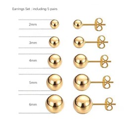 Krstudent 5 Pairs Titanium Earrings Studs, Hypoallergenic Stud Earrings for Women Girls Men 2mm/3mm/4mm/5mm/6mm
