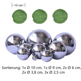 Super Idee Set of 9 Silver Swimming Balls with 3 Floating Lotus Leaves for Mini Pond Patio Pond Zinc Tubs Solar Fountain Garden Balcony Ponds Decorative Pond Balls Metal Balls Garden Balls Decorative