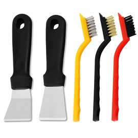 JXPXJMY 5PCS Cleaning Tool Set Including 2 Scrapers and 3 Brushes, Stainless Steel Multifunctional Scraper with Sharpening Stone for Stove Cookware Oven Floor Drain Refrigerator (Black)