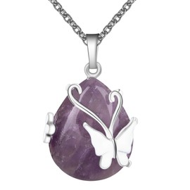Bivei Crystal Butterfly Necklaces for Women, Amethyst Wire Wrap Gemstone Chakra Pendant Gifts Jewelry for Women Men