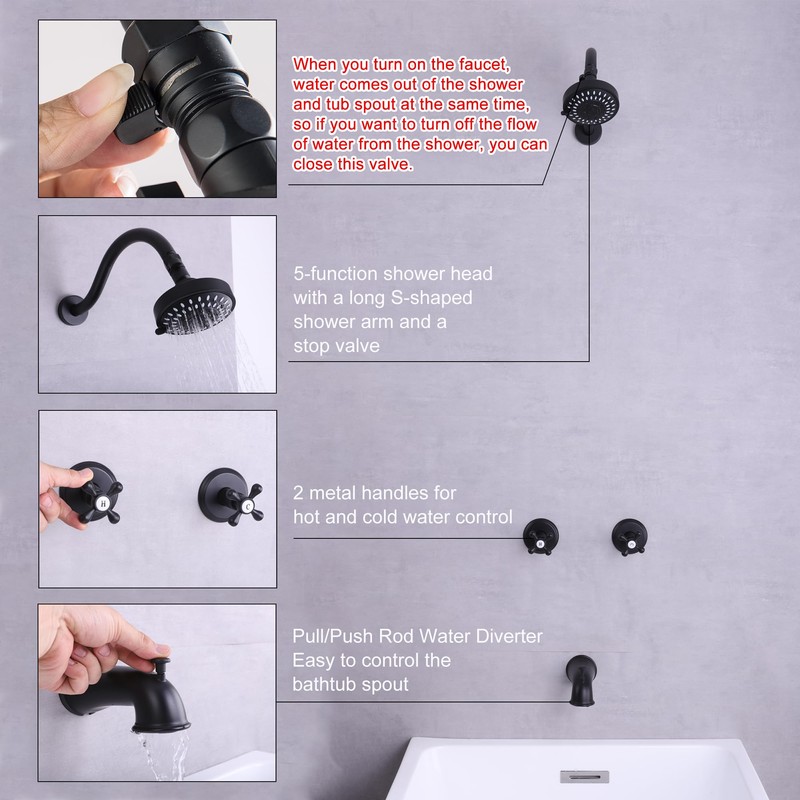 BEIYI 2 Handle Shower Faucet Set, Matte Black Two Handle