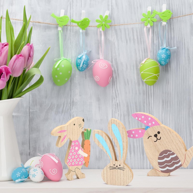 LIHAO 4 x Rabbit Decoration Set Easter Bunny Wooden Easter