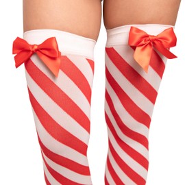 Pin Up Doll, Silicone Stay Up Stockings, Women's Stay Up Stockings, Red and White, Sewn On Bow, Peppermint Christmas Socks