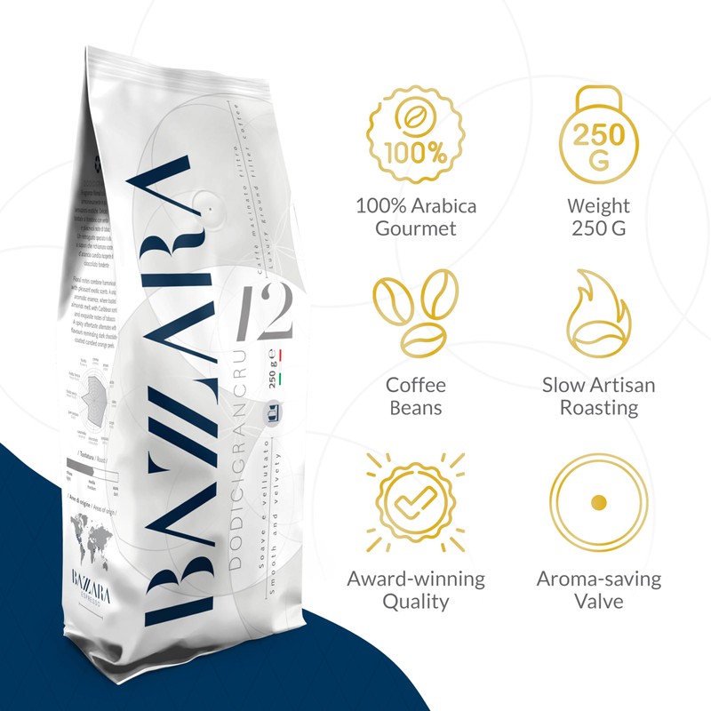 Bazzara Dodicigrancru Ground Filter Coffee 250g, Luxury 12-Origin Arabica Blend,
