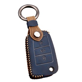 ontto Cowhide Leather Car Key Case Cover for VW Polo Golf 7 MK7 T-ROC Tiguan Touran Skoda Octavia Fabia Seat Leon Ibiza Key Cover with Key Fob Key Protection Case Remote Control Blue