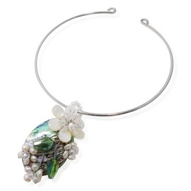 Floral Vines Abalone Shell & White Mother of Pearl & Cultured Freshwater White Pearl Choker Necklace