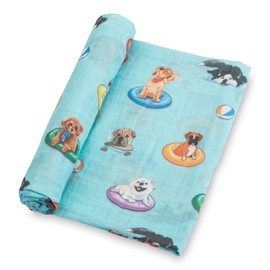 LollyBanks Swaddle Blanket - 100% Cotton Muslin, Neutral, 47 x 47 Inches, Baby Blanket for Boys & Girls, Registry (Swimming Dogs Print)