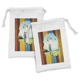 Ambesonne Golf Fabric Pouch Set of 2, Back View of a Golfer Man Shooting the Ball Photo on Colorful Wooden Planks, Small Drawstring Bag for Toiletries Masks and Favors, 9" x 6", Blue and Pale Blue