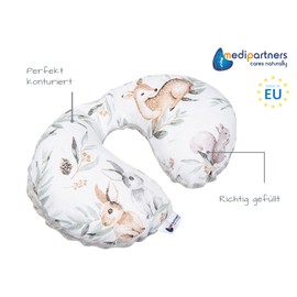 Medi Partners Neck Pillow Children's Neck Support 100% Cotton / Minky Baby Neck Pillow for Car Pushchair Car Driving Travel Sleep Neck Pillow Snooze Roll (Stag in Leaves)