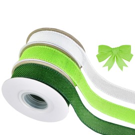 Mupera DIY Burlap Ribbon 3 Rolls Kit Total 15 Yard, 1 Inch Apple Green & Green & White Burlap Wired Ribbon, Applies to Gift Wrapping Decoration, Ribbon for Gift Wrapping, Ribbons for Crafts