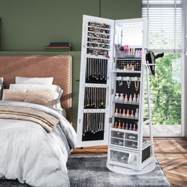 CHARMAID 360° Swivel Jewelry Cabinet Armoire 64.5" H, Full Length Mirror with Jewelry Storage, 6 LEDs Lockable Jewelry Organizer, Rear Storage Shelves, Large Drawer, Hairdryer Holder (White)