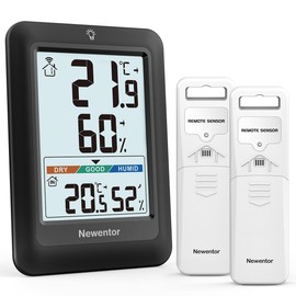 Newentor Max Min Thermometer Indoor Outdoor 24/48 Hours/All Times - Hygrometer Humidity Meter with Air Comfort - Wireless Weather Station with 2 Outdoor Sensors - Room Thermometer with Lighting, Black