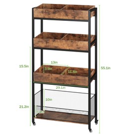 GOFEI 4-Tier Wooden Fruit and Vegetable Basket Stand Rack with Adjustable Feet and Wheels – Multi-Purpose Food Organizer for Kitchen, Office, Shop, and Supermarket