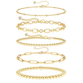 DEARMAY 14K Real Gold Bracelets for Women Gold Jewelry Set for Women Beaded Bracelets for Women Dainty Paperclip Chain Bracelet Pack Gifts for Women