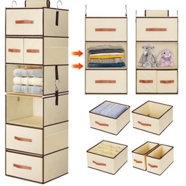 Hanging Closet Organizer 6-Shelf, Upgrade Hanging Shelves for Closet with 5 Removable Drawers & Side Pockets, Hanging Shelf Organizer for Bedroom or Garment Rack, 12.6'' x 12.6'' x 44.1'', Beige