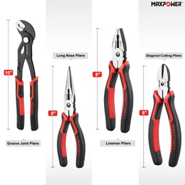 MAXPOWER 4 Piece Pliers Set, 8 inch Lineman Pliers, Diagonal Cutting & Long Nose Pliers, 10 inch Groove Joint Pliers