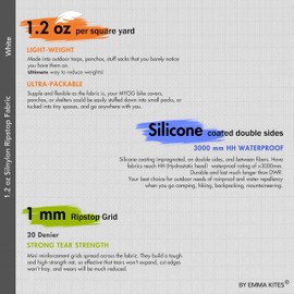 emma kites White 20D Ripstop Nylon Fabric Waterproof 1.2 oz Silnylon Silicone Coating Ultralight Tear Resistant for Tarp Tent Poncho Rainfly Pack Cover Stuff Gear Sack Pre-Cut 1 Yard (60"x36")