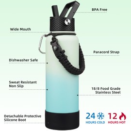 BJPKPK Insulated Water Bottle with Straw Lid, 40oz Large Thermos with 3 Lids, Paracord Handle & Non-slip Boot, BPA Free Leak Proof Stainless Steel Metal Water Bottles, Tumblers, Cups,Mint