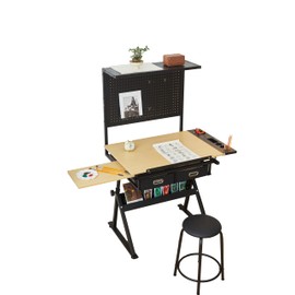 CuisinSmart Drawing Table, Height Adjustable Drafting Table with Pegboard Panel Tilting Tabletop and Storage Drawers Diamond/Watercolor Art Desk for Drawing, Crafting, Reading, Writing, Home Office