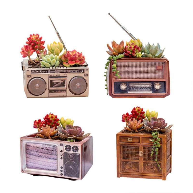 Retro Radio Flowerpot Resin Planter Decorative Vase for Home Office