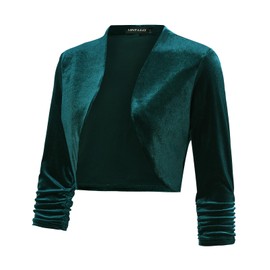 MINTLIMIT Women's Ruched 3/4 Sleeve Velvet Shrug for Dresses Cocktail Party Open Front Cropped Bolero Cardigans Top (Dark Green - Size M)