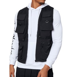 Verdusa Men's Sleeveless Letter Patched Buckle Zipper Flap Pocket Steampunk Cargo Vest Jacket Dark Black XL