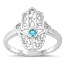 Filigree Hand of God Blue Simulated Sapphire Hamsa Ring .925 Sterling Silver Size 7