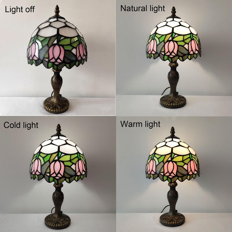XPHMXP Tiffany Lamp 3-Way Dimmable Table Lamp Pink Tulip Stained