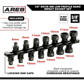ARES 29018 – 14-Piece 3/8-Inch Drive Metric Low Profile Nano Impact Socket Set – Impact Grade Sockets Offer Greater Clearance Than Typical Shallow Sockets – Includes Aluminum Storage Rail