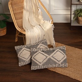 REDEARTH · Boho Textured Throw Pillow Cushion Covers - Lumbar Woven Tufted Decorative Farmhouse Cases Set for Couch, Sofa, Bed, Chair, Dining, Patio, Outdoor; 100% Cotton (12"x20", Black) Pack of 2