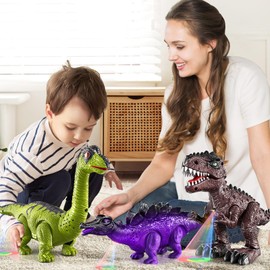 MSKOLER 3 Pack Electric Walking Dinosaur Toys for Toddlers 2-4 3-5 Years with Roar Sounds and Lights Up, Realistic Robot Tyrannosaurus, Brachiosaurus, Stegosaurus Dinosaur Figures for Kids