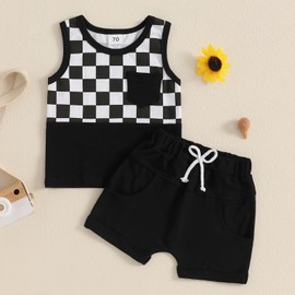Toddler Baby Boy Summer Outfit Sleeveless T Shirt Top Casual Shorts Set Infant Newborn Clothes 6 12 18 24 Month 2T (Checkerboard Black, 2-3T)