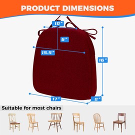 Sunsleek Chair Cushions for Dining Chairs, D-Shaped Seat Cushions with Removable Washable Cover and Ties, Chair Pads for Kitchen, Indoor Dining Room, Patio Chairs, 17'' x 16'', Set of 6, Red