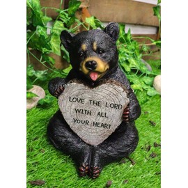 Ebros Wildlife Forest Sitting Black Bear Holding Faux Wood 'Love The Lord with All Your Heart' Sign Figurine As Teddy Bears Themed Rustic Spiritual or Christian and Religious Decorations