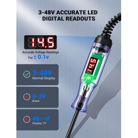 Automotive Test Light with 3-48V LED Digital Readout, Automotive Circuit Tester with Voltmeter and Polarity Indicator Light, Electrical Voltage Test Pen with Stainless Probe for Fuse Car/Vehicles
