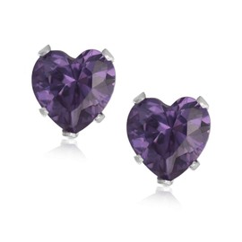 5MM Heart Cut CZ Birthstone Stud Earrings/Ear Studs for Women - 925 Sterling Silver - Amethyst Purple