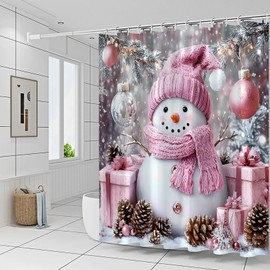 Yadshoti Christmas Shower Curtains Cute Snowman Rope Ball Winter Snow Scene Pine Branch Happy New Year Holiday Theme Xmas Bathroom Decor Polyester Curtain Set 70 x 70 Inch with Hooks