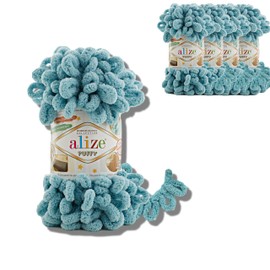 Alize 5 x 100 g Puffy Turkish Wool Super Bulky Chenille Yarn Cuddly Soft Baby Wool Hand Knitting Yarn for Crocheting Soft Chenille Yarn XXL Ball for Amigurumi (Azure 414)