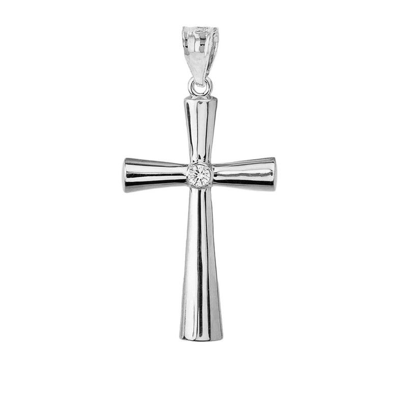 Solid Sterling Silver Simple CZ Religious Cross Pendant Necklace, 16"